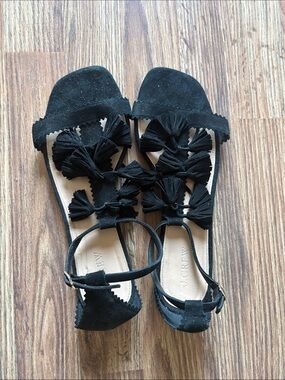 J. Crew Black Suede Tassel Ankle-Strap Sandals